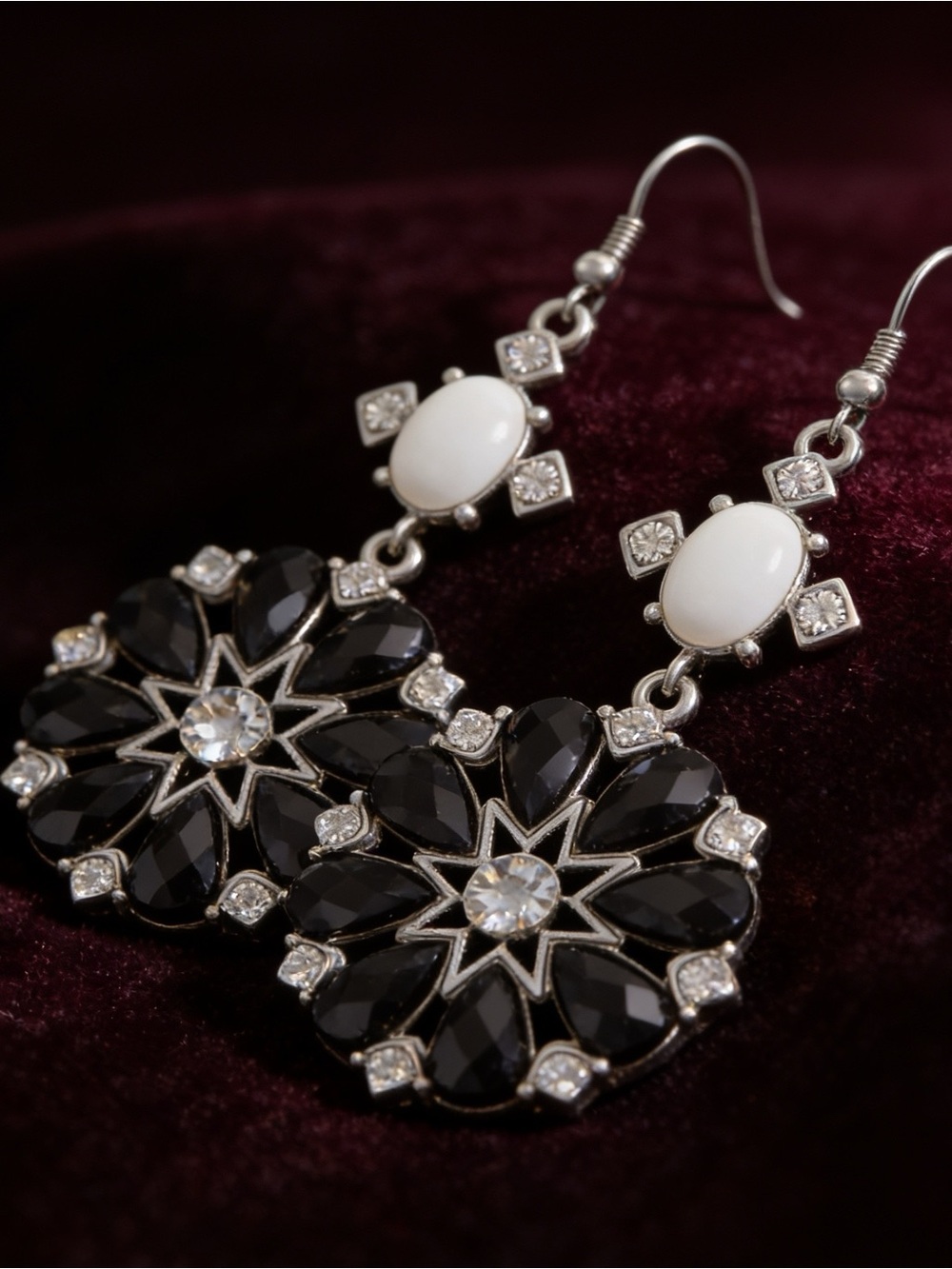 Black & White Rhinestone Starburst Statement Dangle Earrings-Silver Tone Glamour